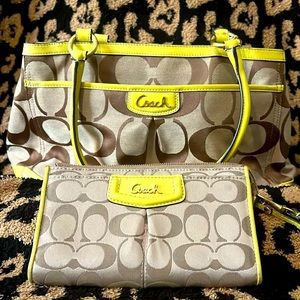 Coach purse and matching wallet. Tan with bright green trim. Like new.